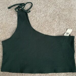 aerie Ribbed One-Shoulder Crop Top in Dark Green